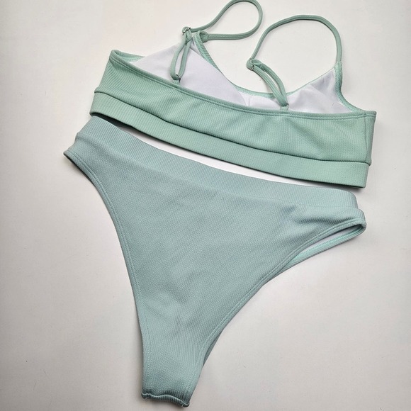 Shein Ribbed Bikini Set L Mint Green High Waist - Picture 5 of 8